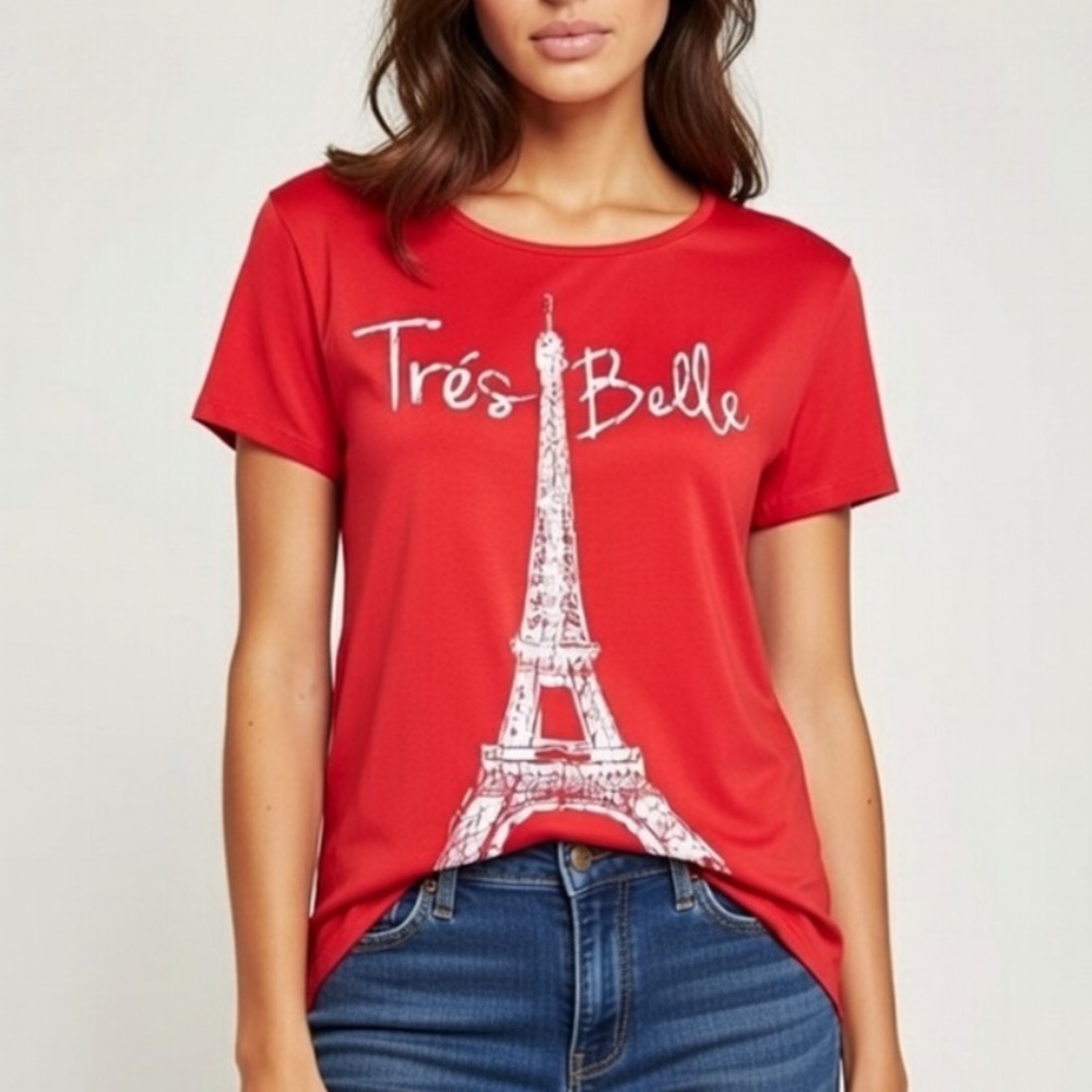 JK LA California Vintage Tres Belle Eiffel Tower Rhinestone Graphic Tee